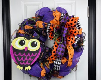 Whimsical Halloween Owl Wreath, Purple, Orange & Black Deco Mesh Wreath, Festive Front Door Decor