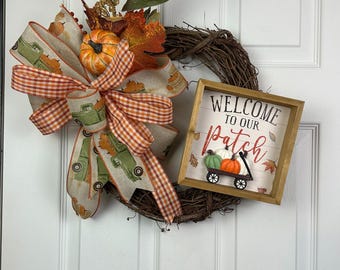 Harvest Grapevine Wreath: Fall Pumpkin Front Door Decor