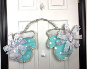 Winter Mitten Door Hanger | Teal Christmas Mittens Wreath | Snowflake Ribbon Holiday Decor | Cute Front Door Winter Decoration