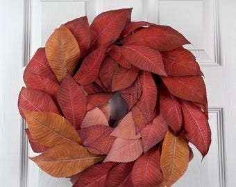 Handmade Fall Leaf Wreath: Burgundy, Rust & Mustard Autumn Decor