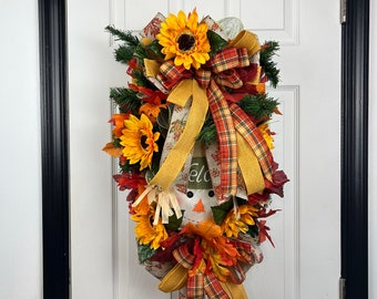 Fall Swag with Sunflowers & Scarecrow | Pumpkin Ribbon Autumn Wall Decor | Rustic Front Door Swag | Seasonal Gift Idea
