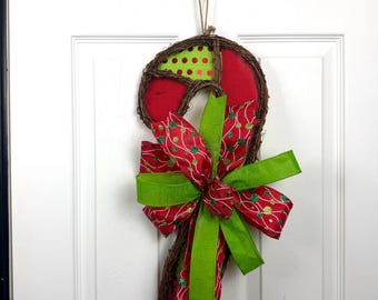 Handcrafted Candy Cane Wreath | Rustic Christmas Door Decor, Red Green Bow