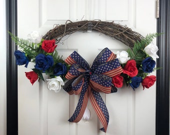 Patriotic, Red, White, Blue, Stars and Stripes Grapevine Wreath