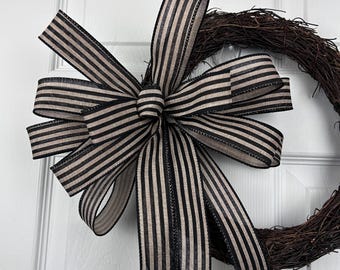 Handmade Neutral Black and Tan Striped Bow – Farmhouse Everyday Wreath Accent
