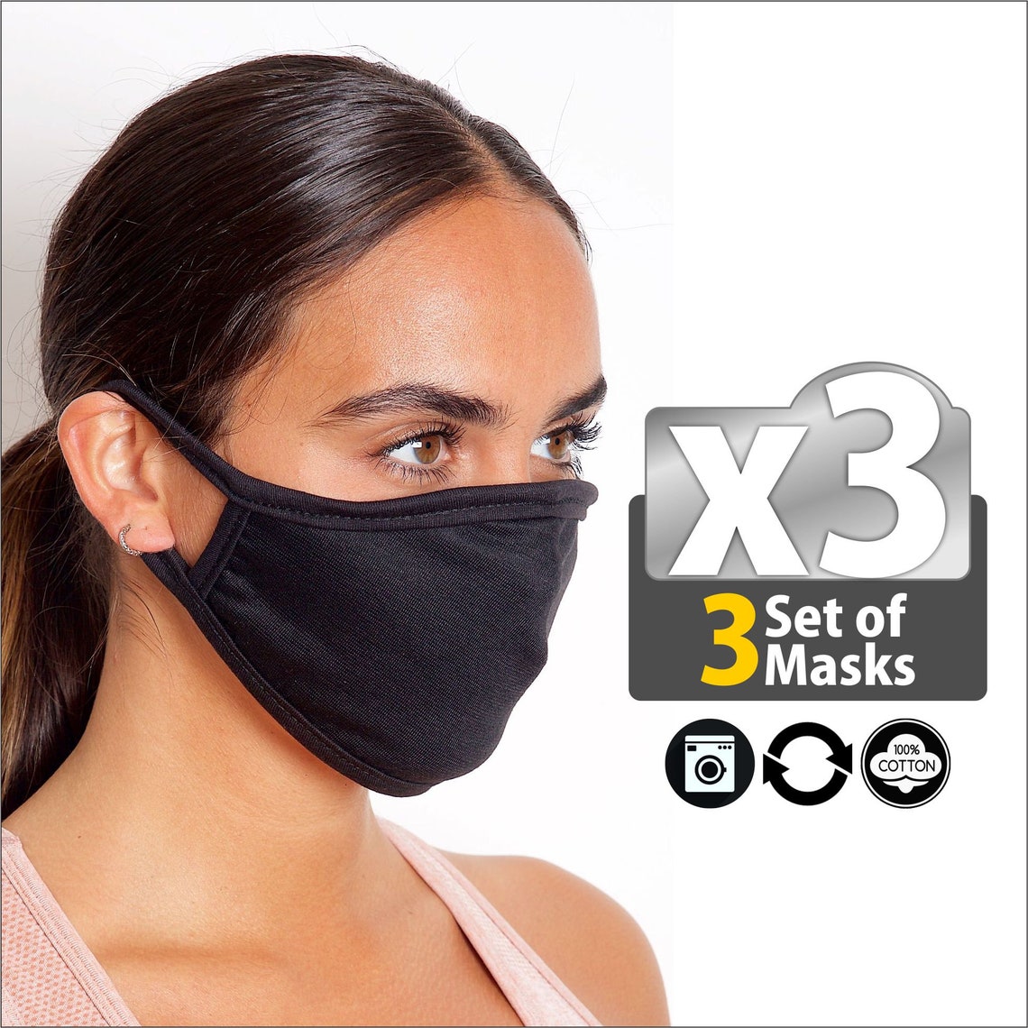 3X Pack Reusable Face Mask Black Double Layer Washable Face Etsy