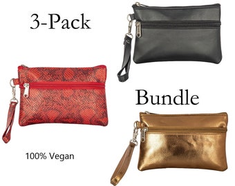 100% Vegan - [3-Pack] Women's Faux Leather Wristlet Cosmetic Purse