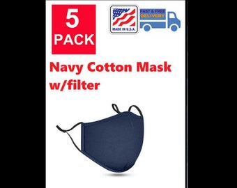 5 Pack -  Navy Blue  3 layer Cotton Protective Face Mask, Reusable Face Mask with Filter, Adjustable Face Mask