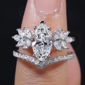 Marquise Diamond Engagement Ring Set Genuine Lab Grown Diamond Anniversary Ring Vintage Marquise Proposal Ring V Shape Pave Band Wedding Set