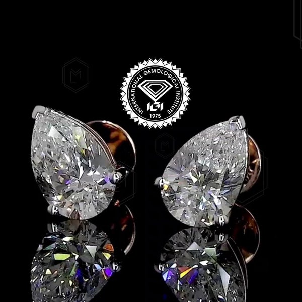 Lab Grown Diamond Solitaire Studs 2.5 TCW Pear Cut Lab Grown Diamond Earrings Screwback/Pushback IGI Certified Diamond Earrings for Women