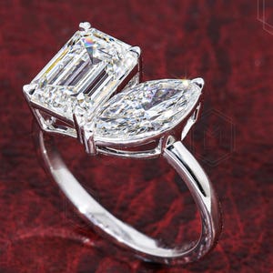 Toi Et Moi Engagement Ring Emerald and Marquise Brilliant Diamond Proposal Ring Lab Grown Diamond Anniversary Ring You and Me Wedding Ring
