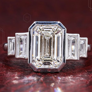2.5 CT Emerald Cut Lab Grown Diamond Bezel Set Five Stone Engagement Ring Certified Diamond Solid Gold Wedding Ring 5 Year Anniversary Gift