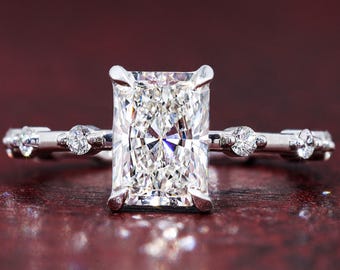 Radiant Cut Lab Grown Diamond Engagement Ring 14K Solid Gold IGI Certified Radiant Diamond Ring Distance Pave Anniversary Ring