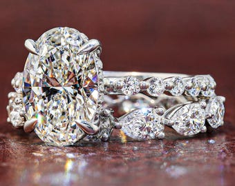 Oval Lab Grown Diamond Engagement Ring Set with Hidden Halo Matching Eternity Band Handmade Bridal Wedding Jewelry Anniversary Gift for Her