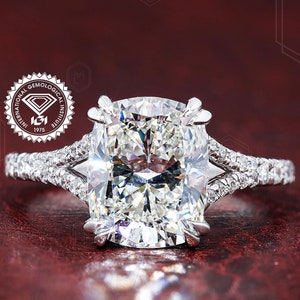 Cushion Cut Lab Created Diamond Engagement Ring IGI Certified 3.5 CT Elongated Cushion Cut Diamond Wedding Ring Split Shank Pave Set Ring
