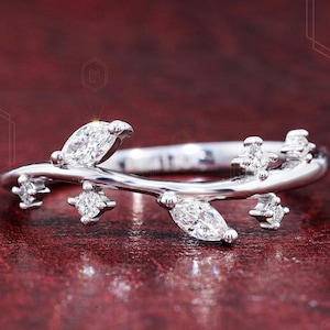 Marquise Cut Lab Grown Diamond Wedding Band Stackable Band For Women Nature Inspired 14k Yellow Gold Matching Band Dainty Matching Band
