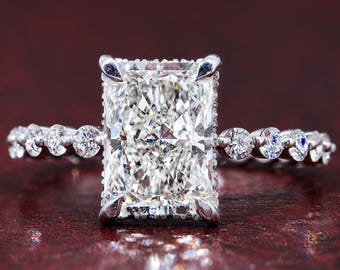 Radiant Cut Lab Grown Diamond Ring IGI Certified Hidden Halo Engagement Ring With Round Bubble Band Diamond Proposal Ring