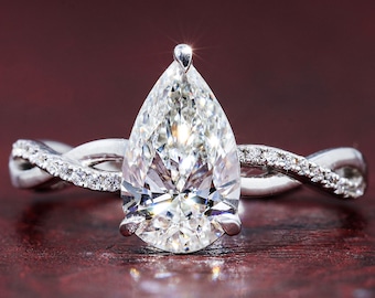 Pear Cut Engagement Ring, Lab Grown Diamond Solitaire Ring, Twisted Diamond Band, IGI Certified Wedding Ring, Anniversary Gift for Her