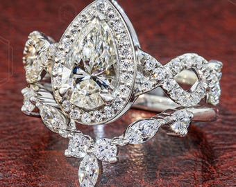 Pear Lab Grown Diamond Engagement Ring, 1 CT Pear Diamond Ring, Marquise Diamond Ring, Statement Bridal Ring, Unique Engagement Ring