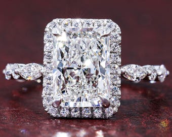 Lab Grown Diamond Radiant Cut Engagement Ring, Halo Bridal Ring, Marquise Accent Band, Elegant Modern Wedding Jewelry Gift for Her