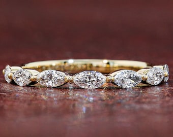 Lab Grown Diamond Marquise Wedding Band | Half Eternity Band | Stackable Diamond Ring | Solid Gold Anniversary Band | Wedding Gift for Women