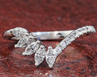Marquise Round Wedding Band Unique Lab Grown Diamond Wedding Ring Curved Wedding Band Chevron V Shaped Marquise Cut Diamond Band