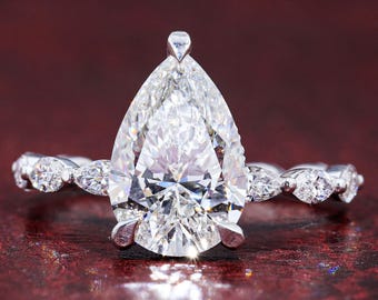 Pear Cut Lab Grown Diamond Engagement Ring Marquise Round Side Stones Vintage Inspired Bridal Ring Gift for Her Handcrafted Fine Jewelry