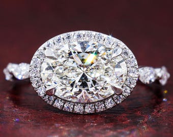 Oval Lab Grown Diamond Engagement Ring Marquise Halo Bridal Ring Vintage Inspired Wedding Jewelry Statement Elegant Anniversary Gift for Her