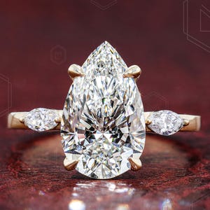 2.0 Carat IGI Certified Pear Cut Lab Grown Diamond Three Stone Ring Diamond Engagement Ring Marquise Cut Side Diamond Proposal Ring for Her