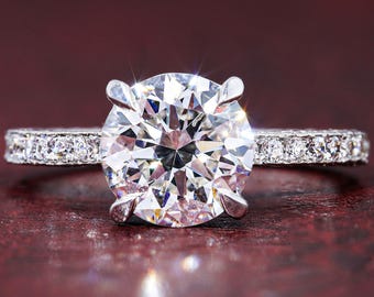 Lab Grown Diamond Engagement Ring, Round Cut Solitaire Ring, Pave Band, Hidden Halo Inspired Design, Classic Bridal Jewelry Gift for Her