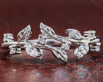 Vintage Leaf Diamond Wedding Band Nature Inspired Leaf Floral Gold Wedding Band Lab Grown Diamond Band Half Eternity Wedding Band for Her