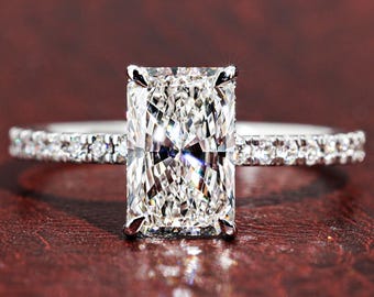Radiant Cut Lab Grown Diamond Engagement Ring Round Side Stones Modern Bridal Ring Unique Wedding Jewelry Gift for Her Handmade Fine Ring