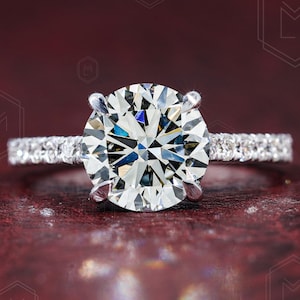 1.5 CT Round Cut Lab Grown Diamond Engagement Ring Lab Created Diamond Ring Pave Band Hidden Halo IGI Certified Anniversary Gift For Her