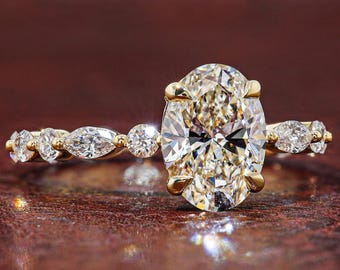 Oval Lab Grown Diamond Engagement Ring for Women, Side by Marquise and Round Diamond Wedding Ring, Handmade Anniversary Ring, Gift for Her