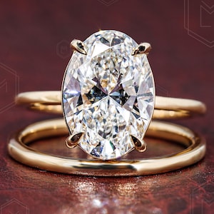 3.5 CT IGI Certified Oval Cut Lab Grown Diamond Solitaire Engagement Ring Set Matching Plain Wedding Band Set 14k Yellow Gold Promise Ring