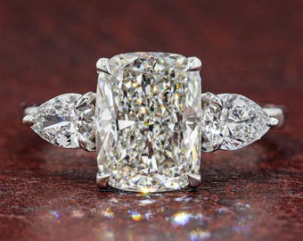 Elongated Cushion Cut Lab Grown Diamond Engagement Ring Pear Side Stone Three Stone Ring 3 Carat Bridal Ring Handmade Gift for Her