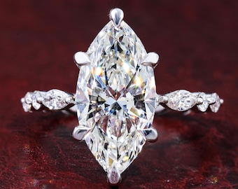 Marquise Diamond Engagement Ring Genuine Lab Grown Diamond Hidden Halo Anniversary Ring Proposal Ring for Her Six Claw Prong Setting Ring