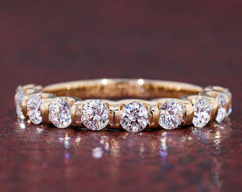3 MM Round Cut Lab Grown Diamond Wedding Band Half Eternity Design Single Shared Prong Bar Set Half Eternity Band Stackable Band For Women