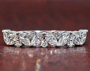 Anillo de diamantes marquesa, banda apilable de diamantes cultivados en laboratorio de talla marquesa en oro macizo de 14 quilates, anillo de bodas con diamantes alternados de talla marquesa y redonda