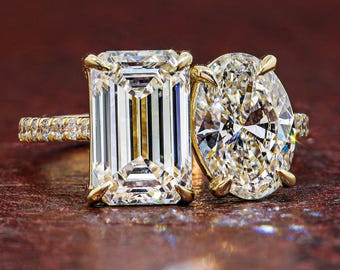 Emerald Cut Oval Cut Lab Grown Diamond Engagement Ring Two Stone Toi et Moi Ring Gold Promise Ring Handmade Bridal Ring Gift for Her