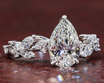 Pear Lab Grown Diamond Engagement Ring 1.50 CT Marquise Accent Ring Unique Pear Diamond Ring Anniversary Gift Bridal Ring