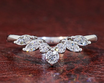 Marquise and Round Cut Lab Grown Diamond Wedding Ring – 0.45 TCW Marquise Curved Band