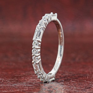Baguette and Round Cut Colorless Lab Grown Diamond Wedding Band Half ...
