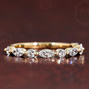 Alternating Lab Grown Diamond Wedding Band, Marquise & Round Cut, Stackable Half Eternity