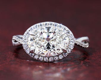 Oval Lab Grown Diamond Engagement Ring East West Halo Twisted Band Wedding Ring Handmade Bridal Jewelry Anniversary Gift for Her Unique