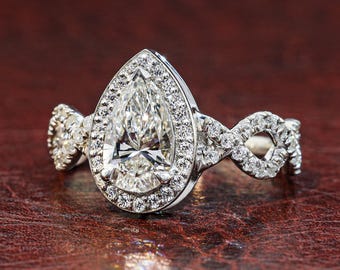 Pear Cut Lab Grown Diamond Engagement Ring 1 CT, Solid Gold Diamond Ring,| Hidden Halo Style Ring Unique Pear Bridal Ring, Anniversary Gift