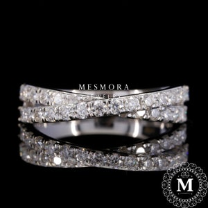 4mm Criss Cross Half Eternity Lab Grown Diamond band Stacking Thick Crossover Wedding Band 14K Solid white Gold Minimalist X Promise Ring