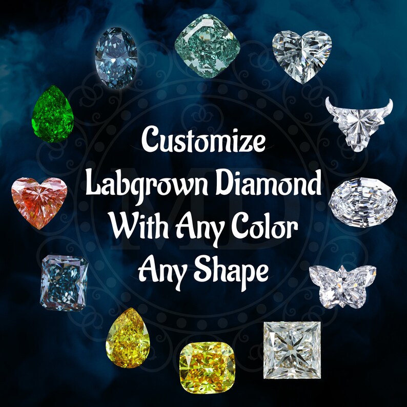 K&ouml;nnte beinhalten: Eine Auswahl an im Labor gez&uuml;chteten Diamanten in verschiedenen Formen und Farben, darunter Gr&uuml;n, Gelb, Blau und Rot. Der Text "Customize Labgrown Diamond With Any Color Any Shape" wird in der Mitte des Bildes angezeigt.