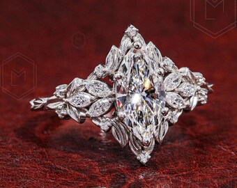 1 CT Marquise Cut Lab Grown Diamond Engagement Ring, Cluster Diamond Ring, Marquise & Round Accent Ring, Anniversary Gift, IGI Available