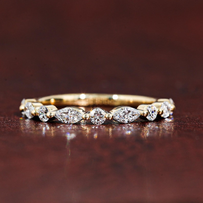 Alternating Lab Grown Band 2 MM Marquise and Round Cut Lab Grown Wedding Band Half Eternity Band Stackable Band Shared Prong Wedding Band