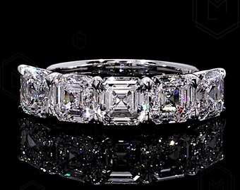 Fede nuziale con cinque pietre di diamanti 5,5 mm Asscher Cut Lab Grown Diamond Band Half Eternity impilabile Anello certificato IGI per l'anniversario